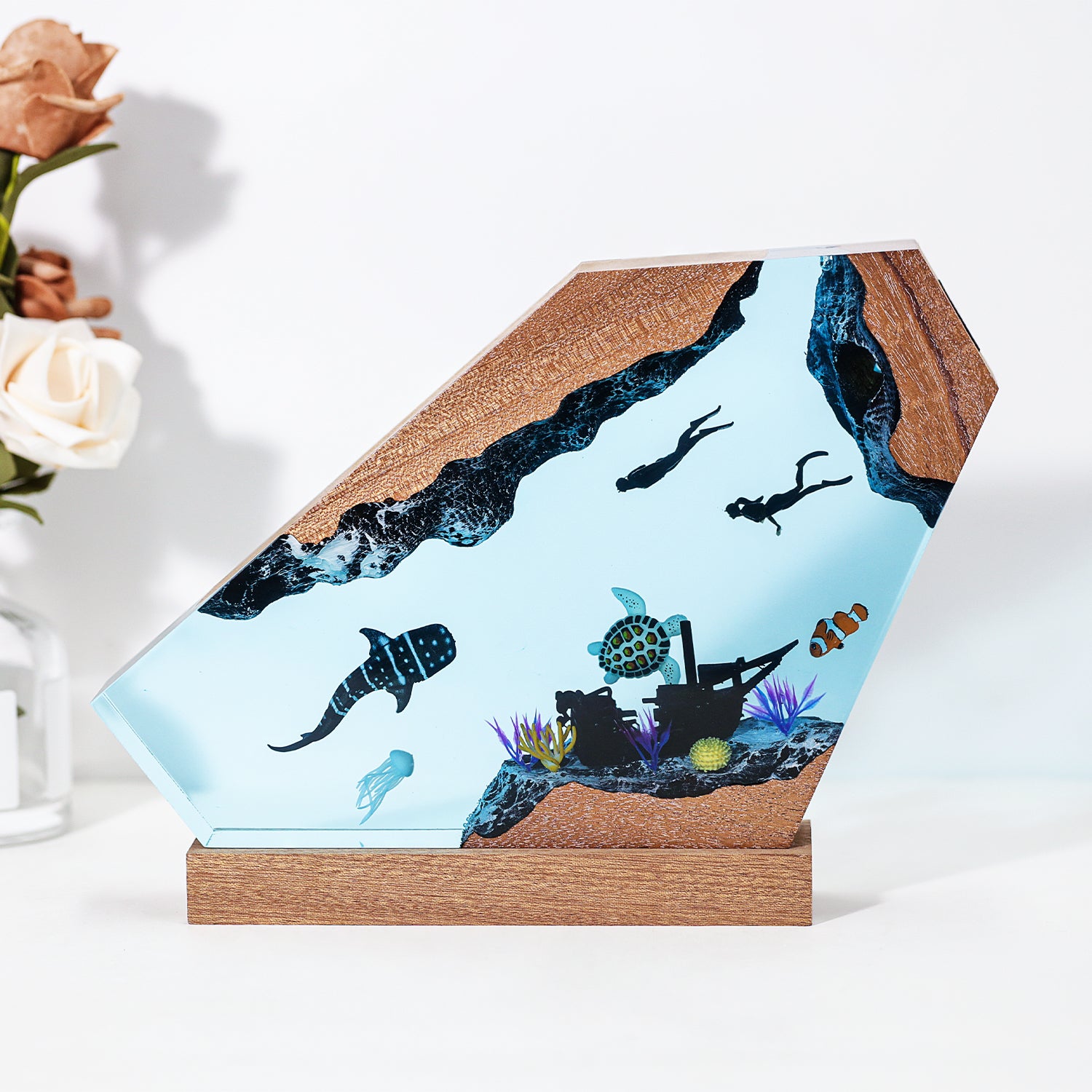 Whale Shark & Scuba Divers Shipwreck Crystal Resin Lamp