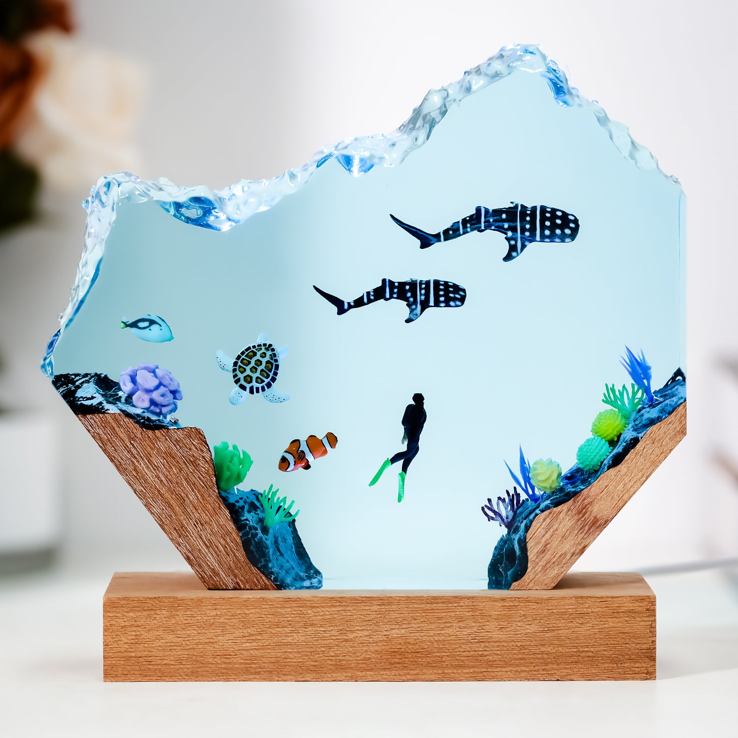 Twin Whale Sharks & Scuba Diver Ocean Wave Resin Lamp