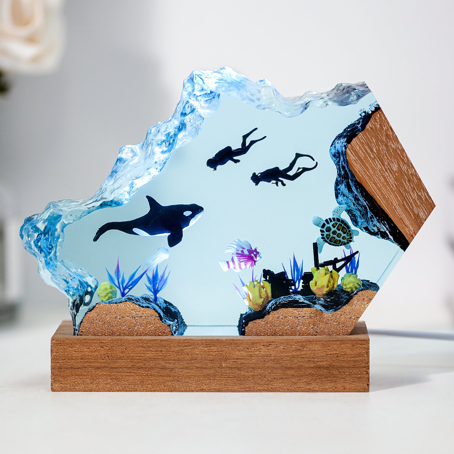 Orca & Scuba Divers Ocean Wave Resin Lamp