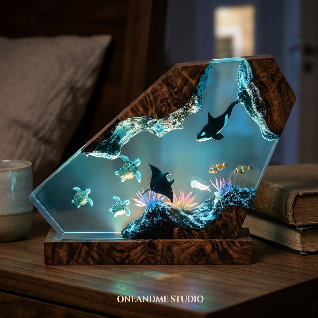 Orca & Manta Ray Ocean Resin Lamp - Turtle Night Light