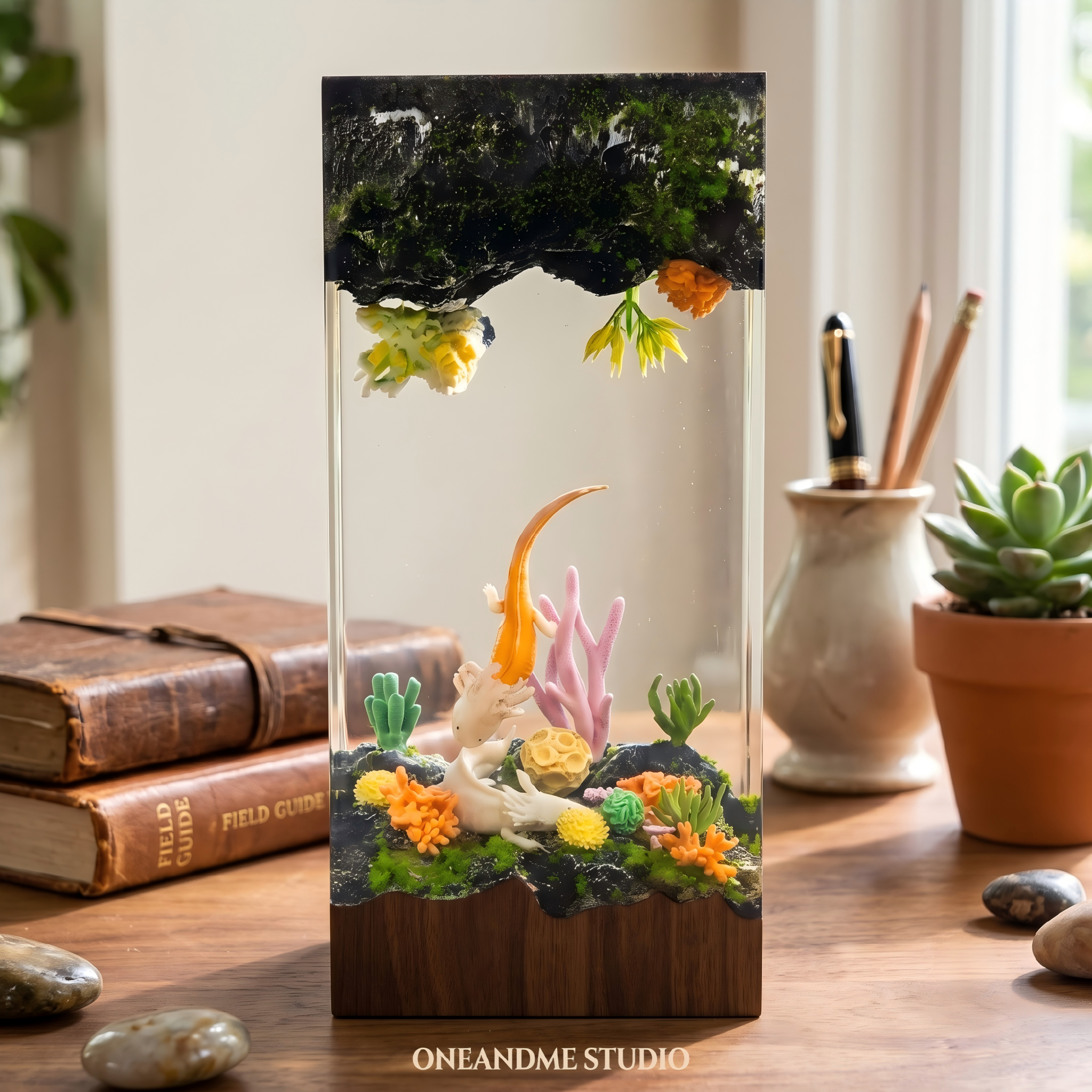 Axolotl Coral Reef Underwater Cave Resin Lamp