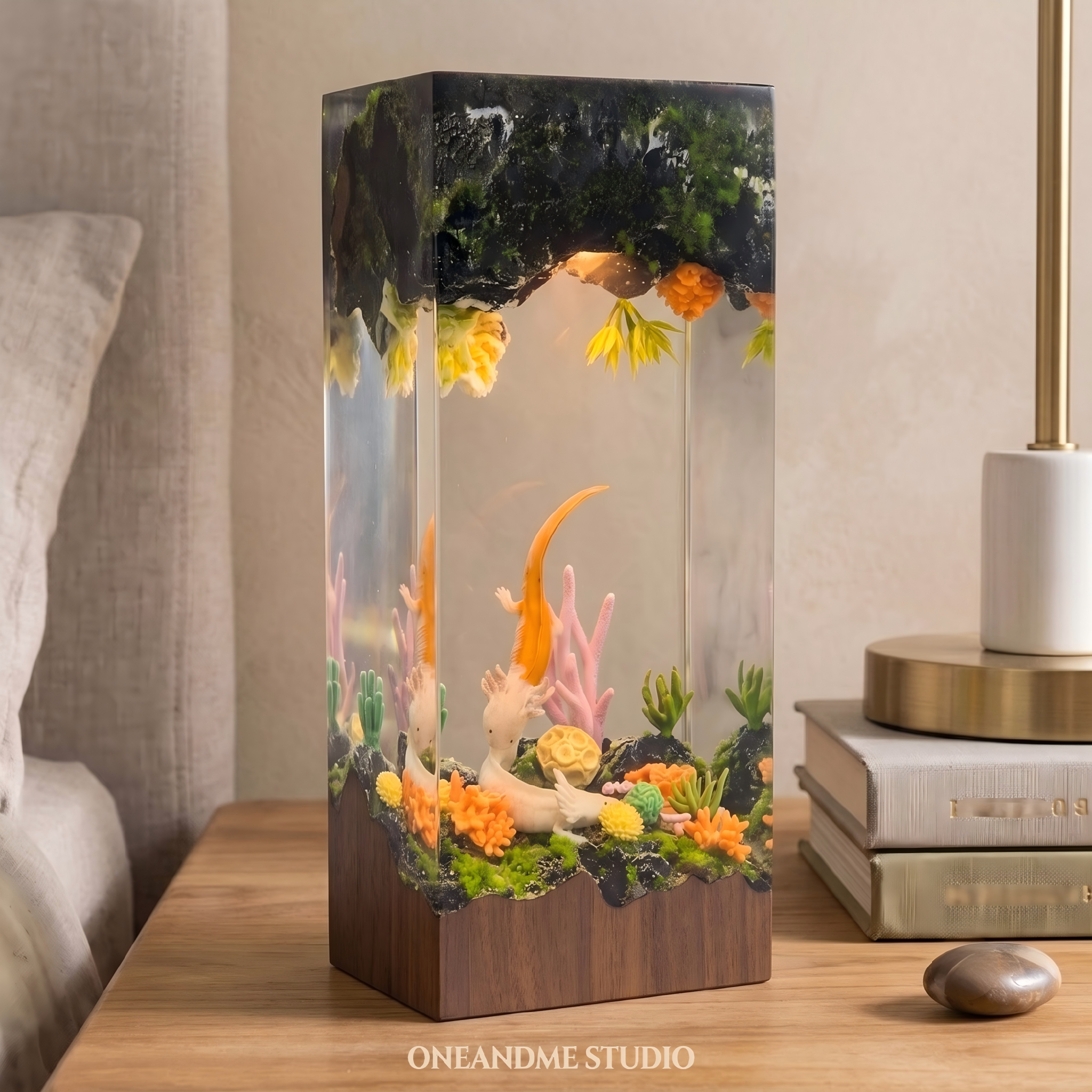 Axolotl Coral Reef Underwater Cave Resin Lamp