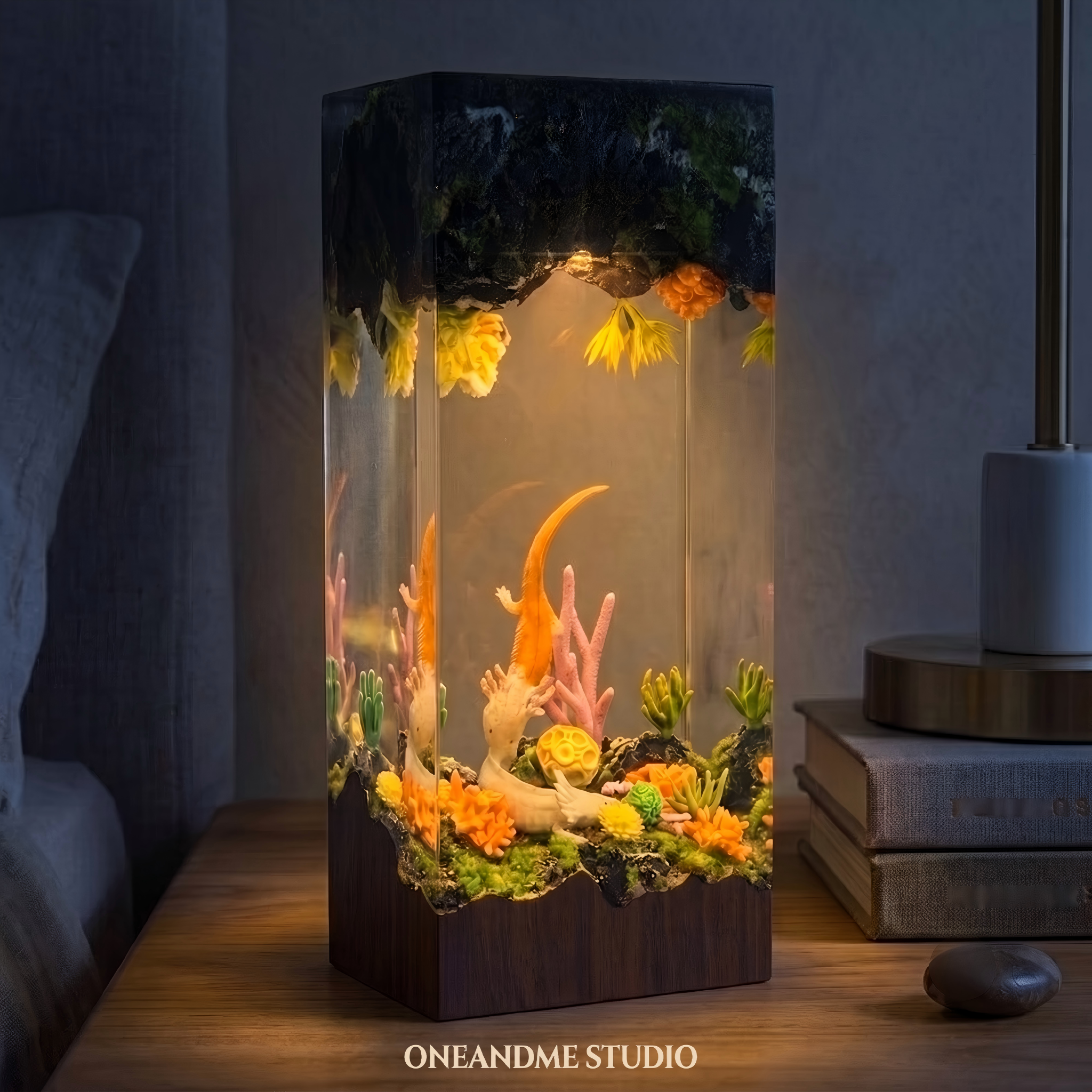 Axolotl Coral Reef Underwater Cave Resin Lamp