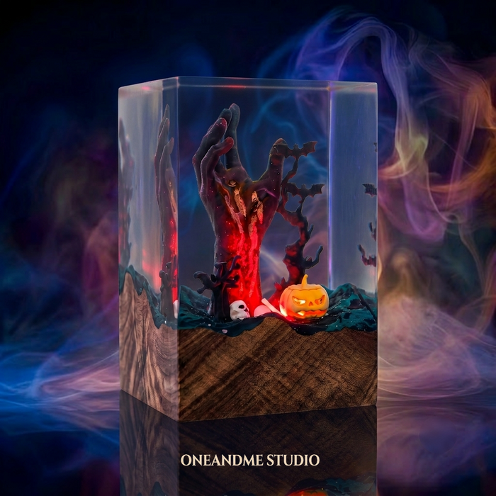Spooky Zombie Hand & Pumpkin Halloween Resin Lamp