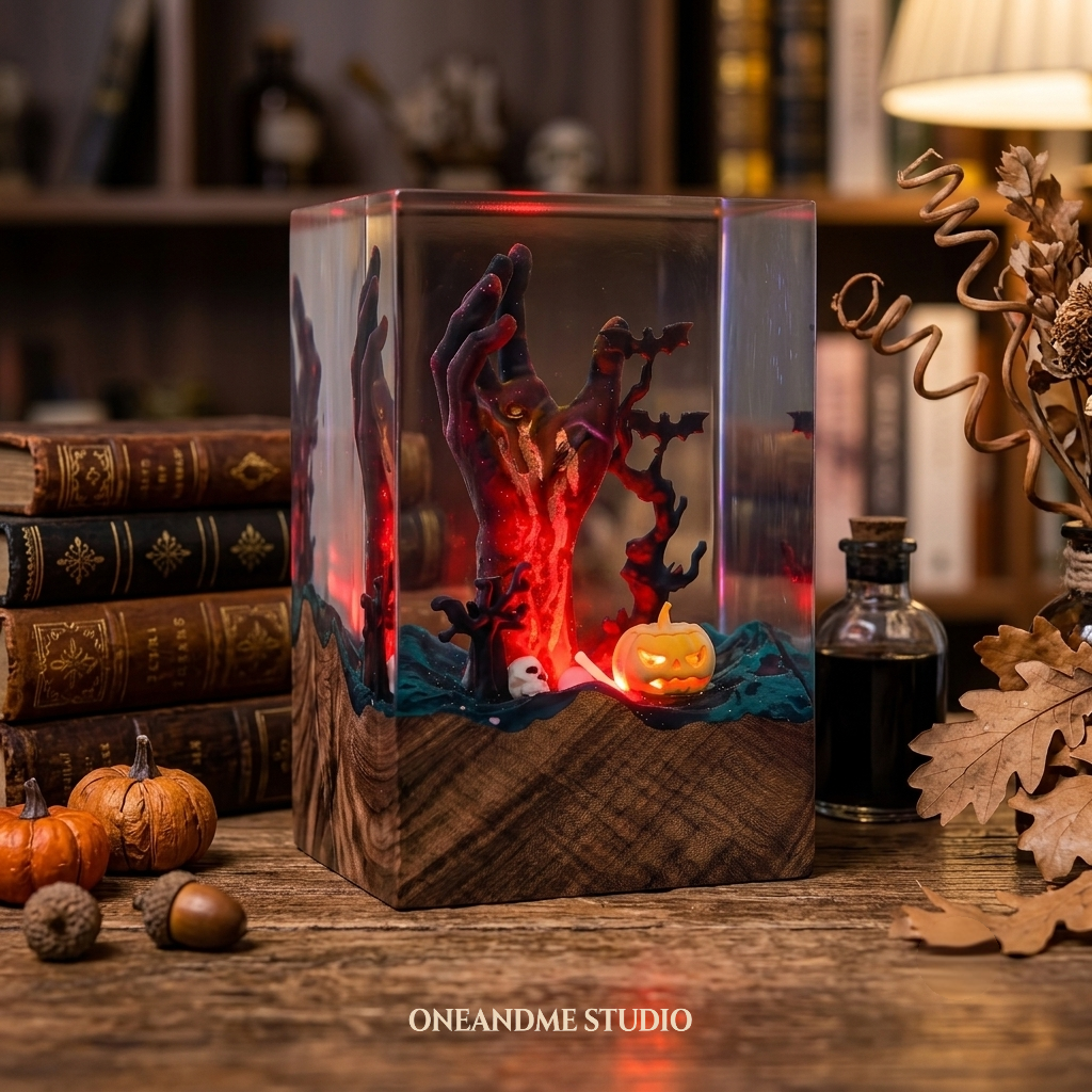 Spooky Zombie Hand & Pumpkin Halloween Resin Lamp