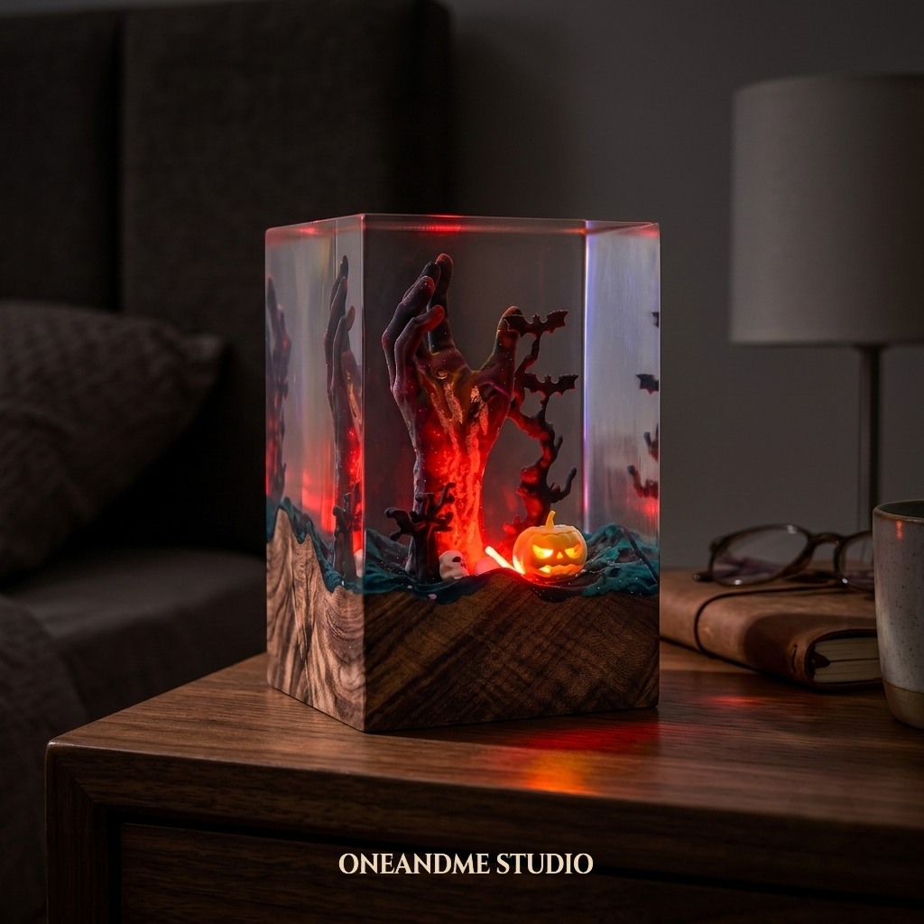 Spooky Zombie Hand & Pumpkin Halloween Resin Lamp