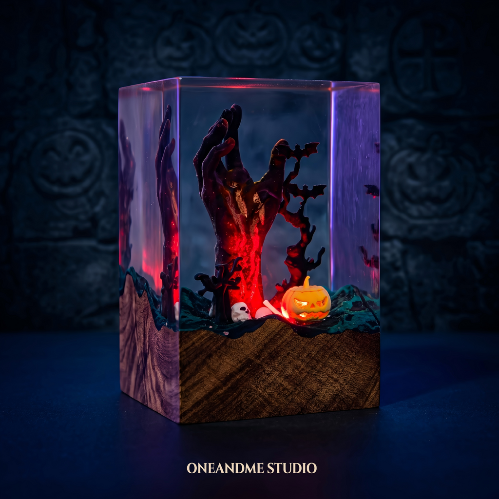 Spooky Zombie Hand & Pumpkin Halloween Resin Lamp