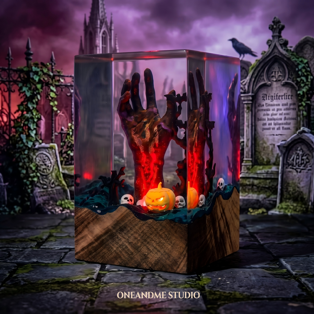 Spooky Zombie Hand & Pumpkin Halloween Resin Lamp