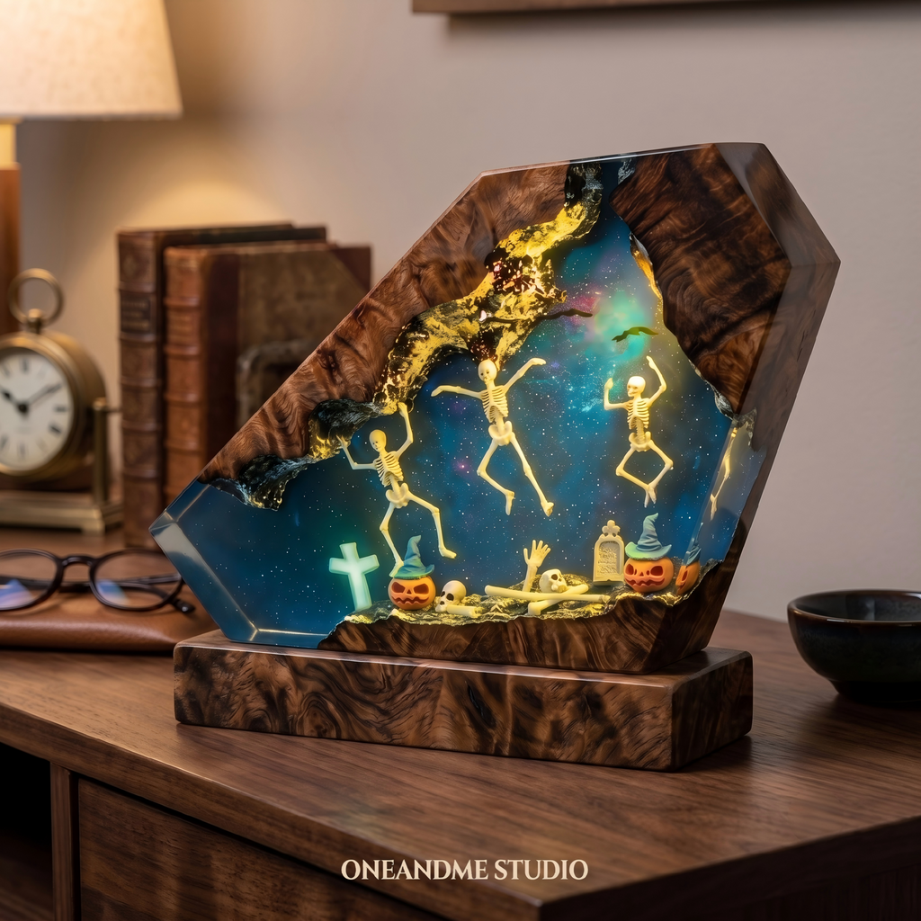 Dancing Skeletons Halloween Graveyard Resin Lamp