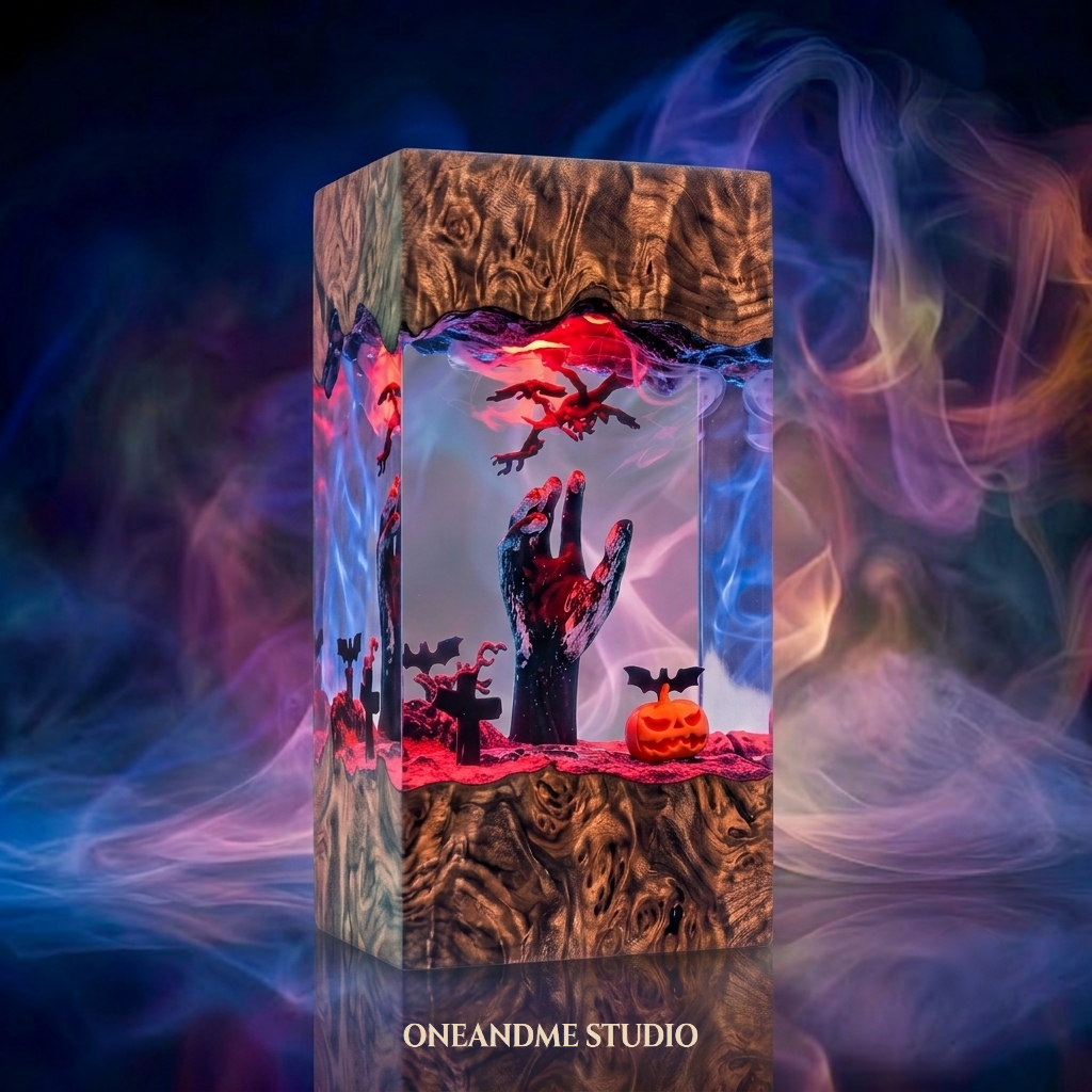 Spooky Halloween Zombie Hand & Pumpkin Resin Lamp