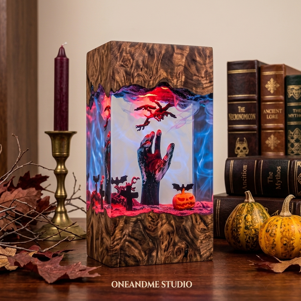 Spooky Halloween Zombie Hand & Pumpkin Resin Lamp