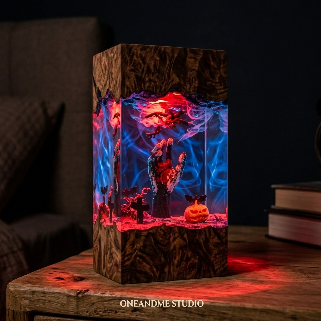 Spooky Halloween Zombie Hand & Pumpkin Resin Lamp