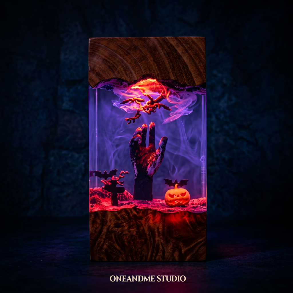 Spooky Halloween Zombie Hand & Pumpkin Resin Lamp