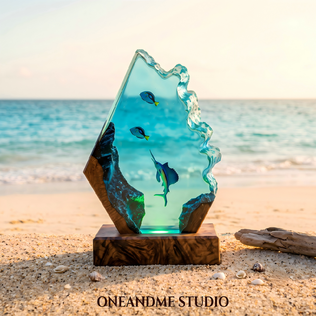 Ocean Sailfish & Blue Tang Coral Reef Resin Lamp