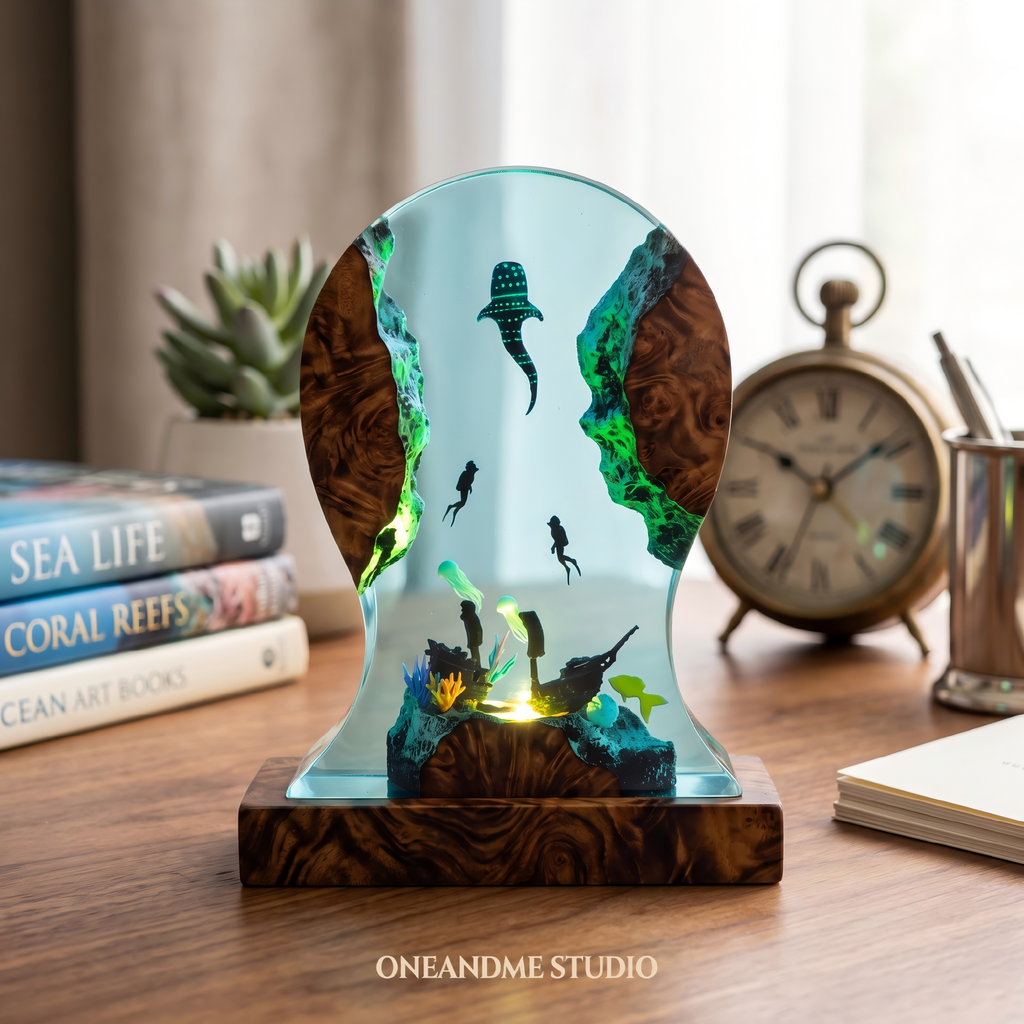 Whale Shark & Scuba Diver Shipwreck Ocean Resin Lamp