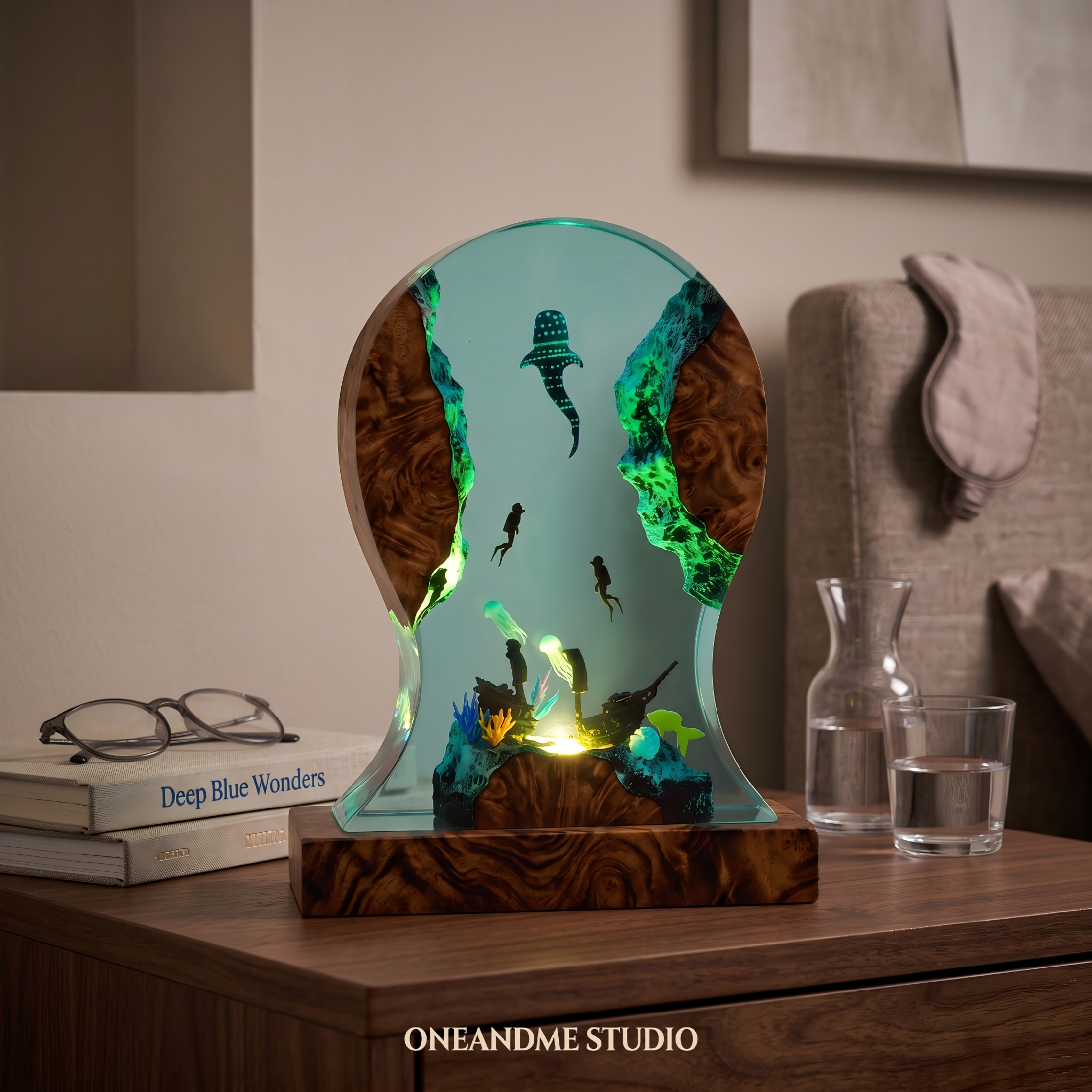 Whale Shark & Scuba Diver Shipwreck Ocean Resin Lamp