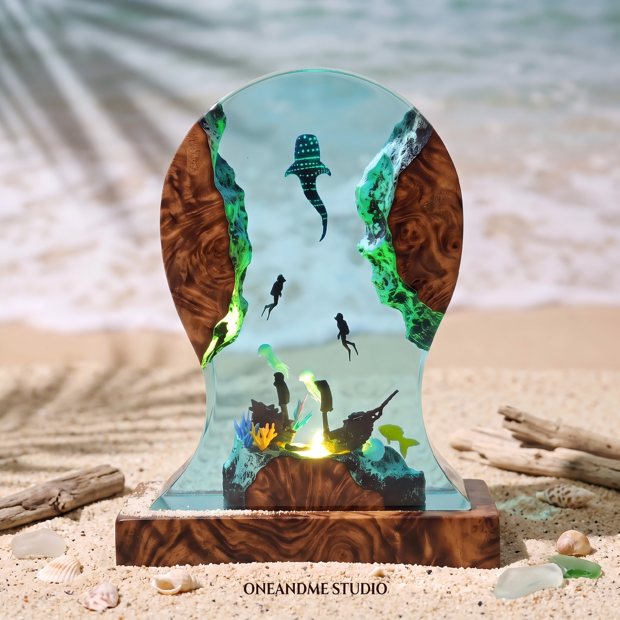 Whale Shark & Scuba Diver Shipwreck Ocean Resin Lamp