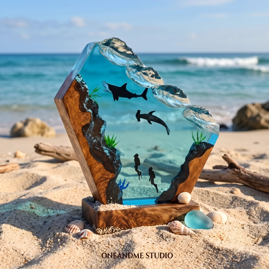 Hammerhead Shark & Diver Ocean Wave Resin Lamp