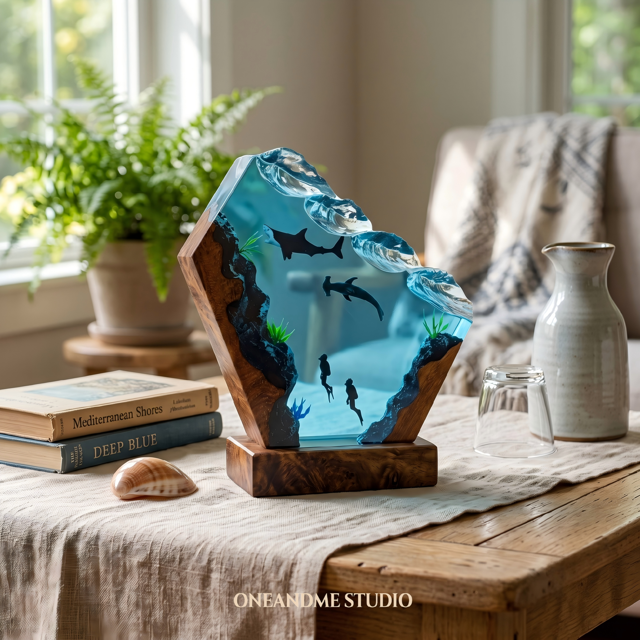 Hammerhead Shark & Diver Ocean Wave Resin Lamp
