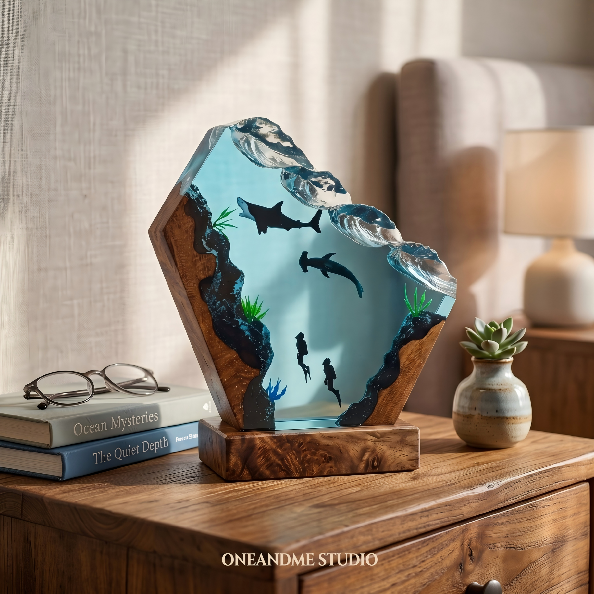 Hammerhead Shark & Diver Ocean Wave Resin Lamp