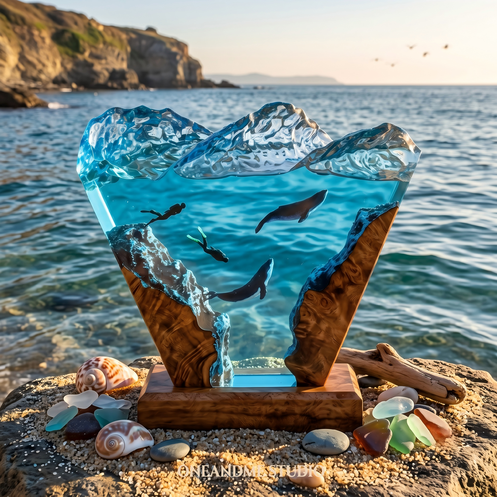 Humpback Whale & Freediver Ocean Wave Resin Lamp