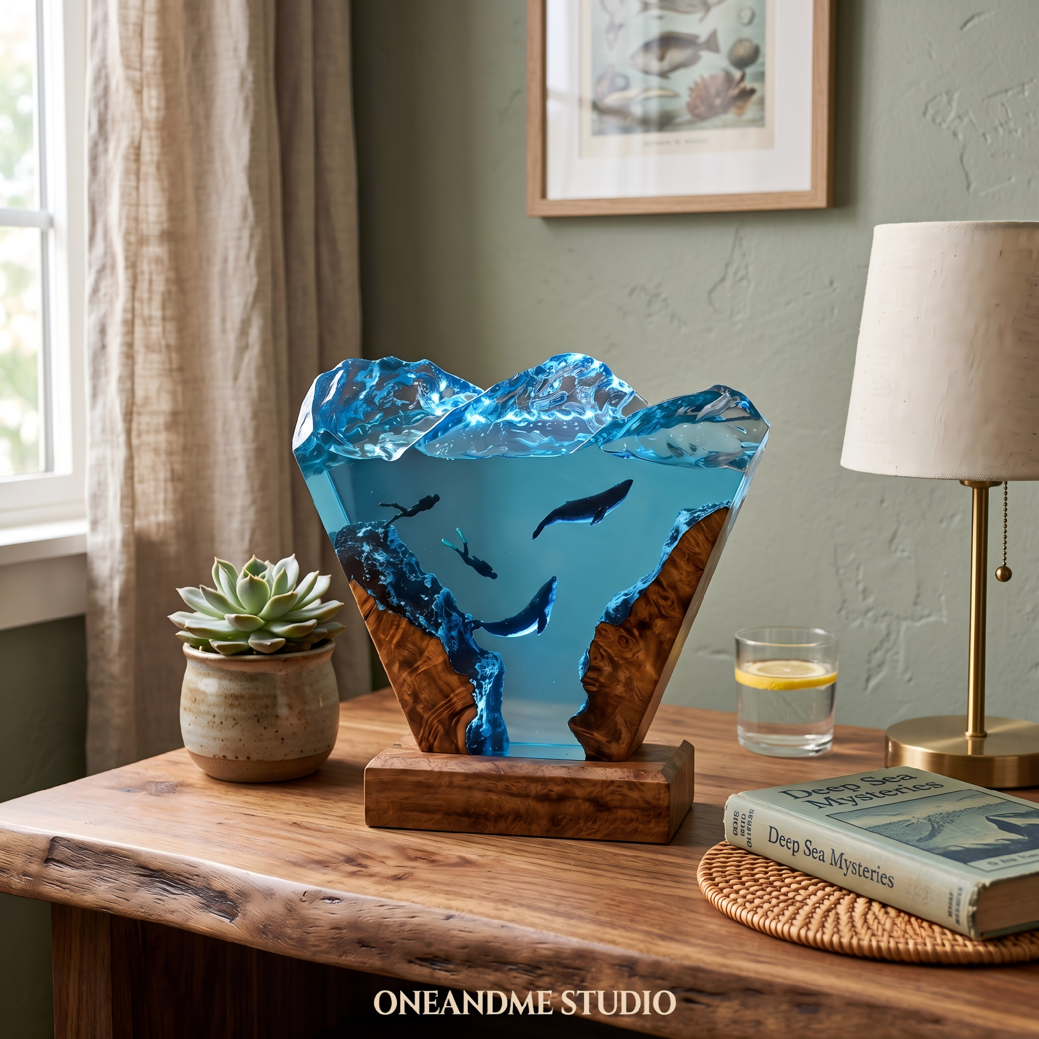 Humpback Whale & Freediver Ocean Wave Resin Lamp