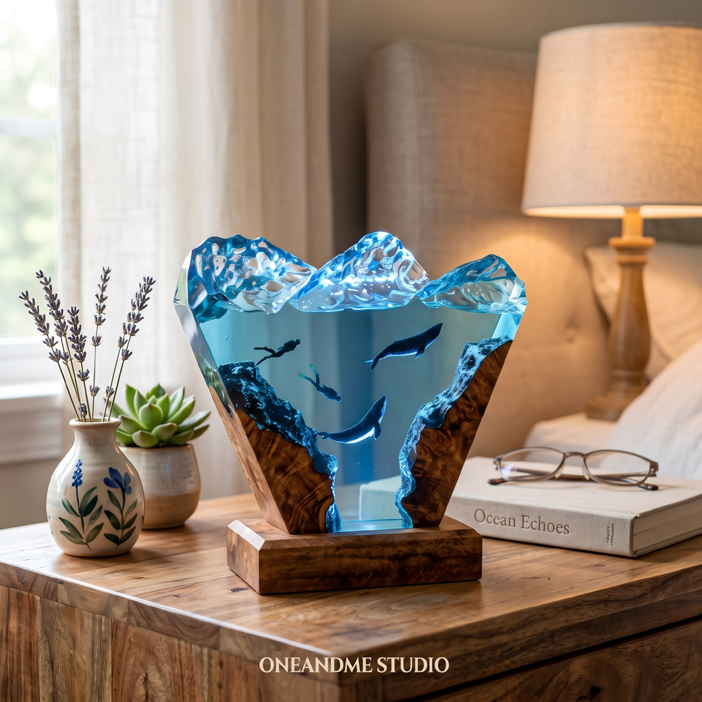 Humpback Whale & Freediver Ocean Wave Resin Lamp