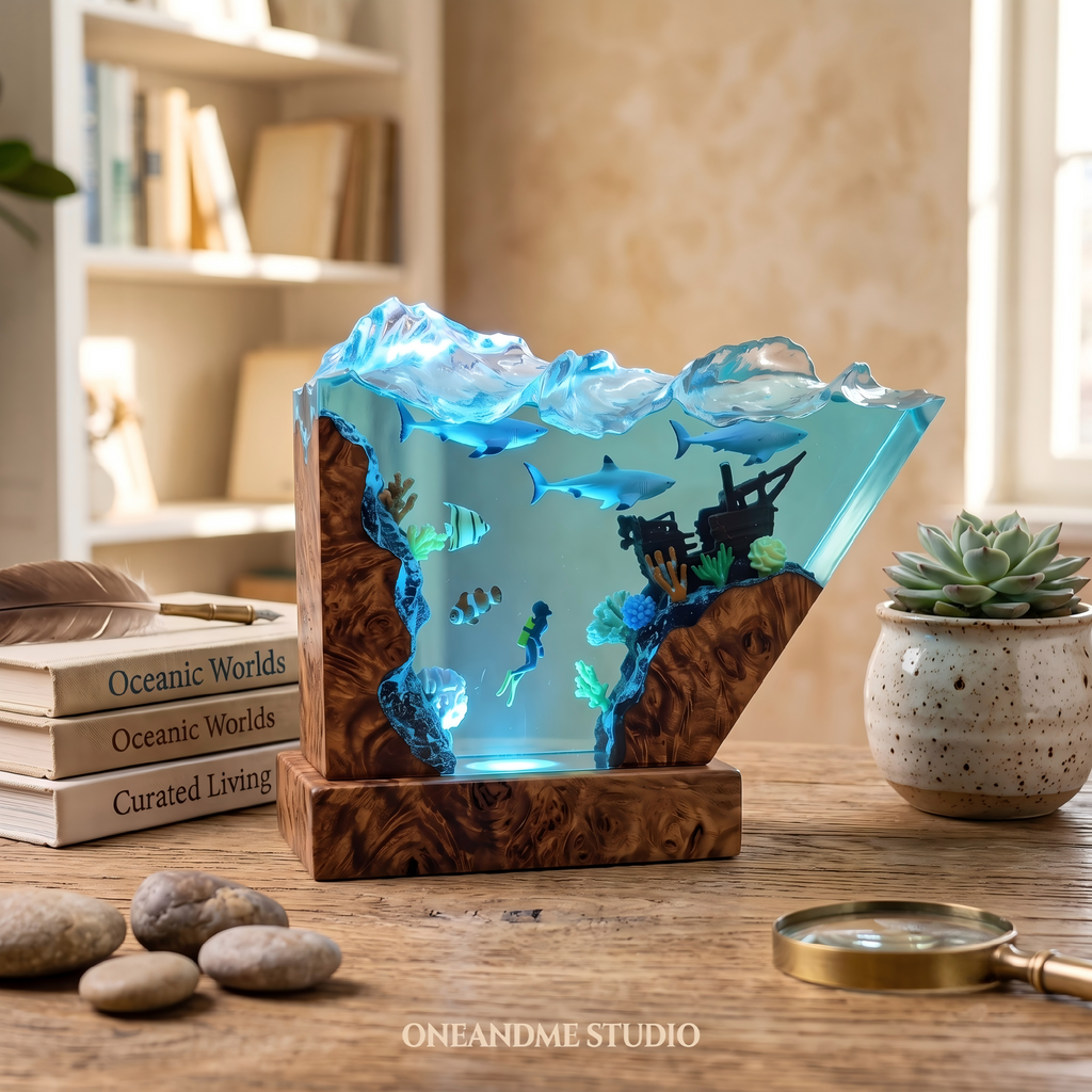 Shark & Diver Shipwreck Ocean Wave Resin Lamp