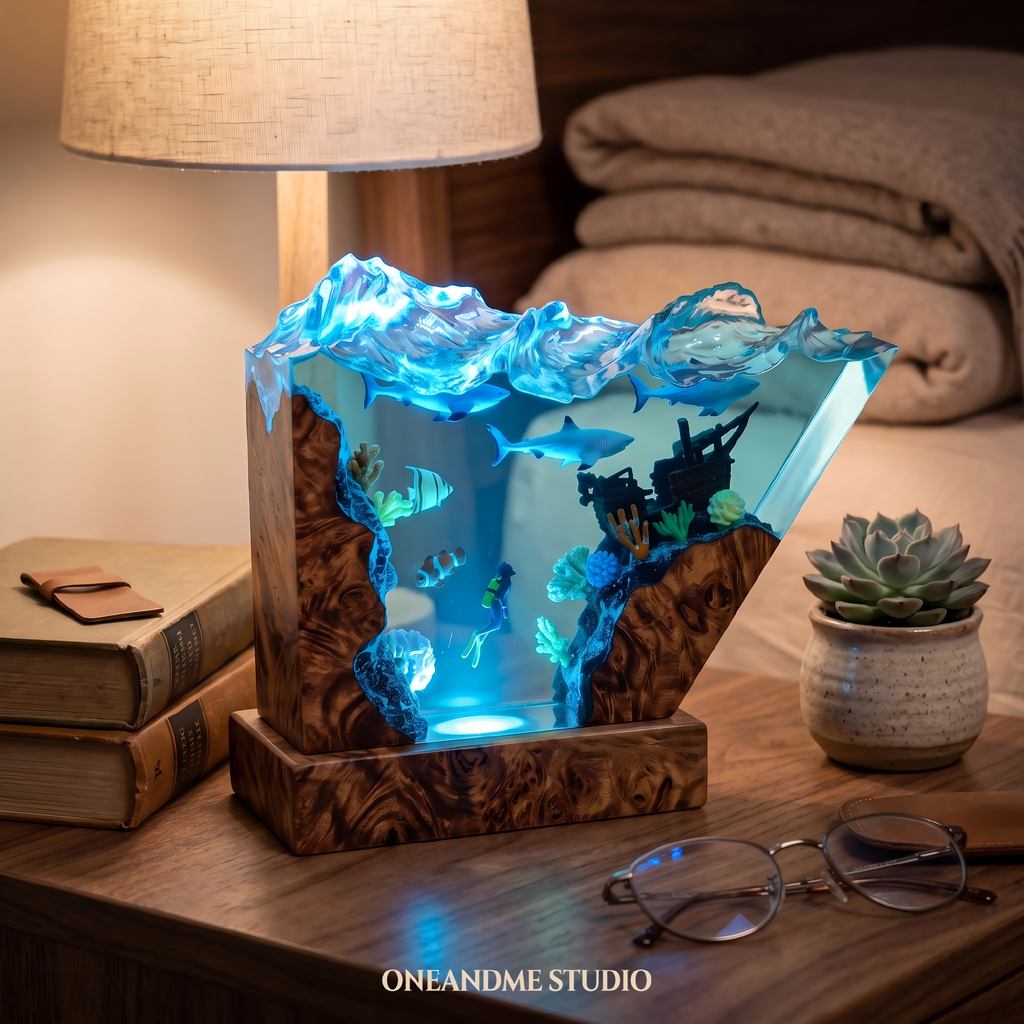 Shark & Diver Shipwreck Ocean Wave Resin Lamp