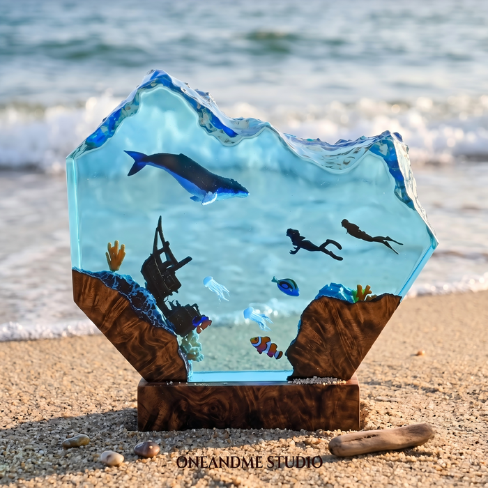 Blue Whale & Diver Shipwreck Ocean Wave Resin Lamp