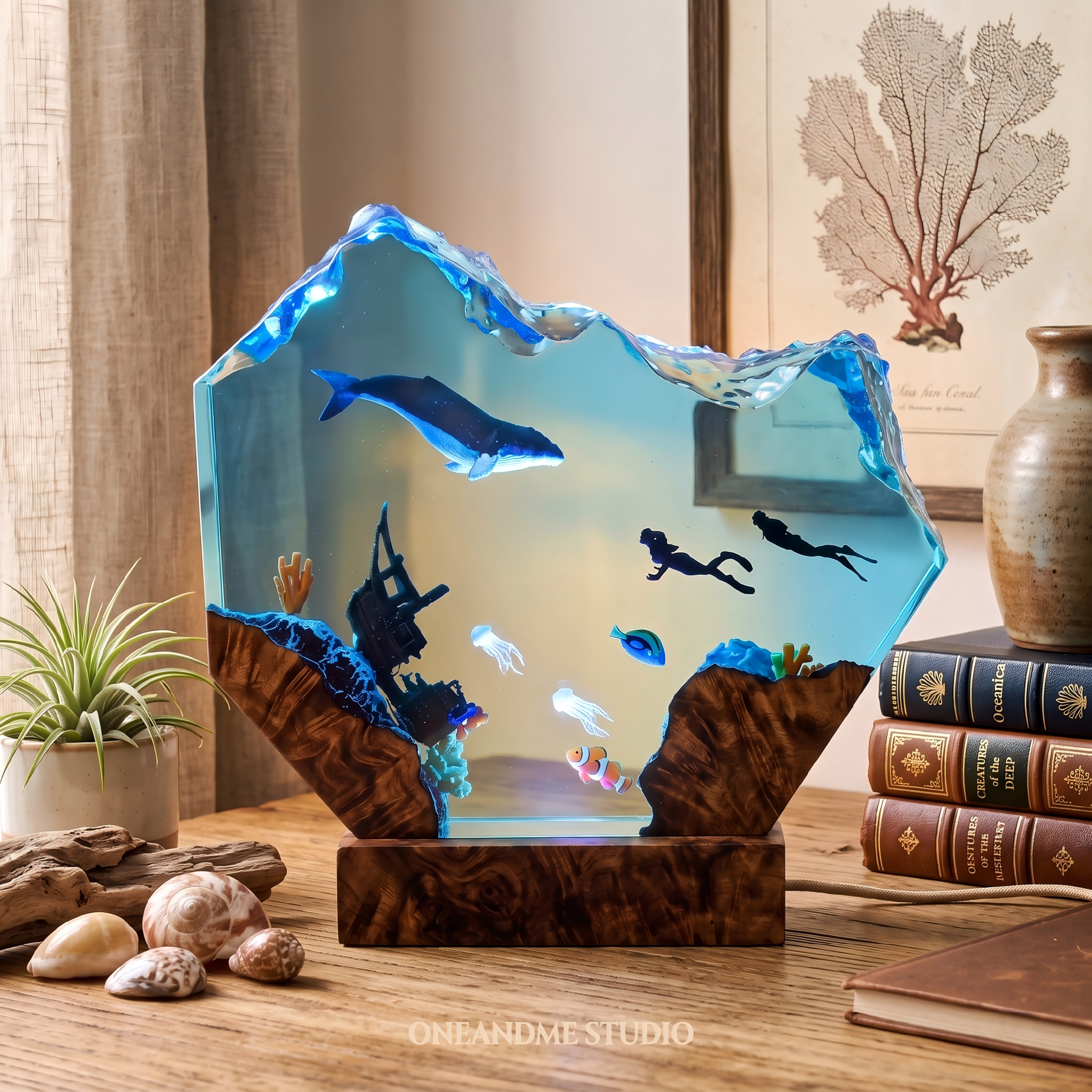 Blue Whale & Diver Shipwreck Ocean Wave Resin Lamp
