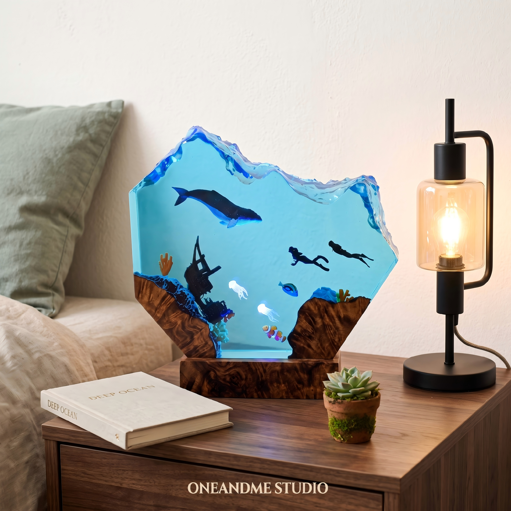 Blue Whale & Diver Shipwreck Ocean Wave Resin Lamp