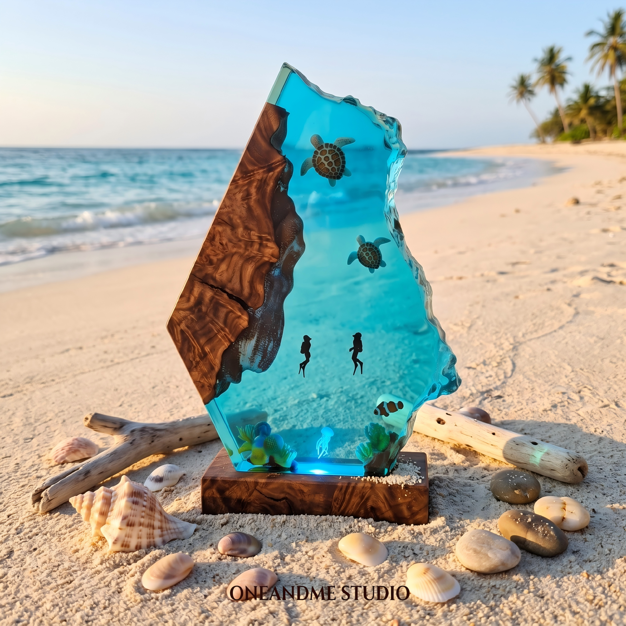 Sea Turtle & Scuba Diver Ocean Cave Resin Lamp