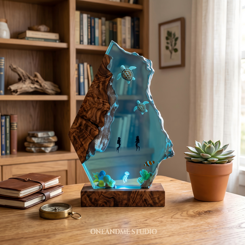 Sea Turtle & Scuba Diver Ocean Cave Resin Lamp