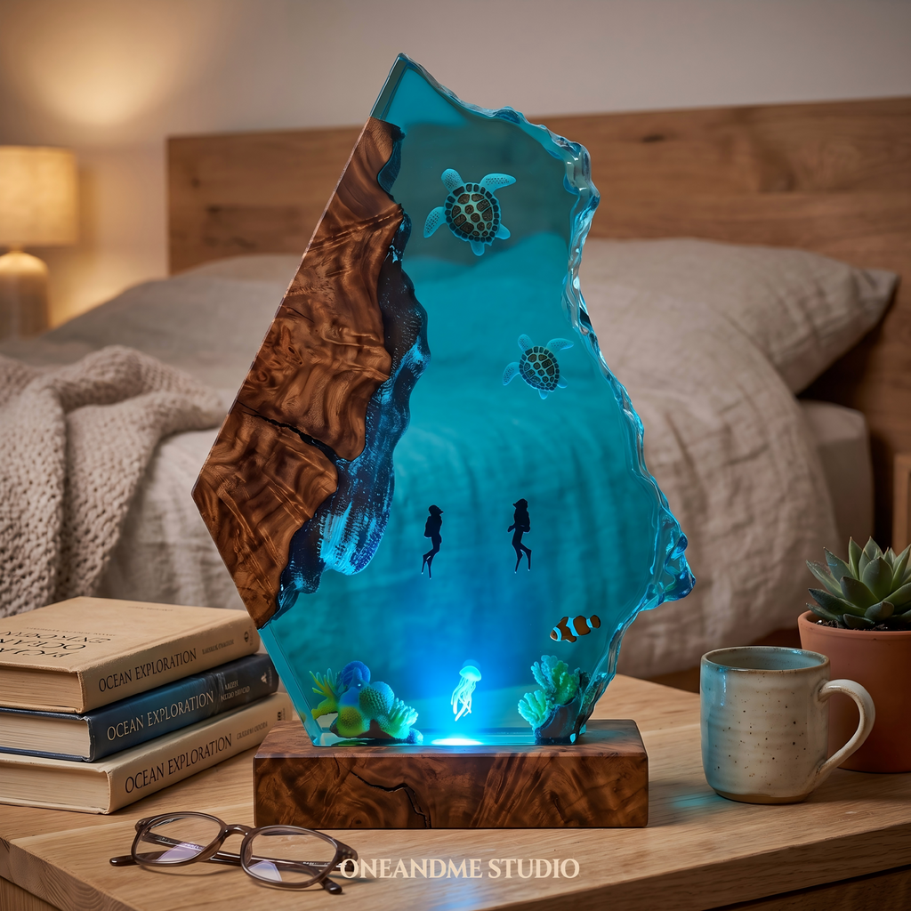 Sea Turtle & Scuba Diver Ocean Cave Resin Lamp