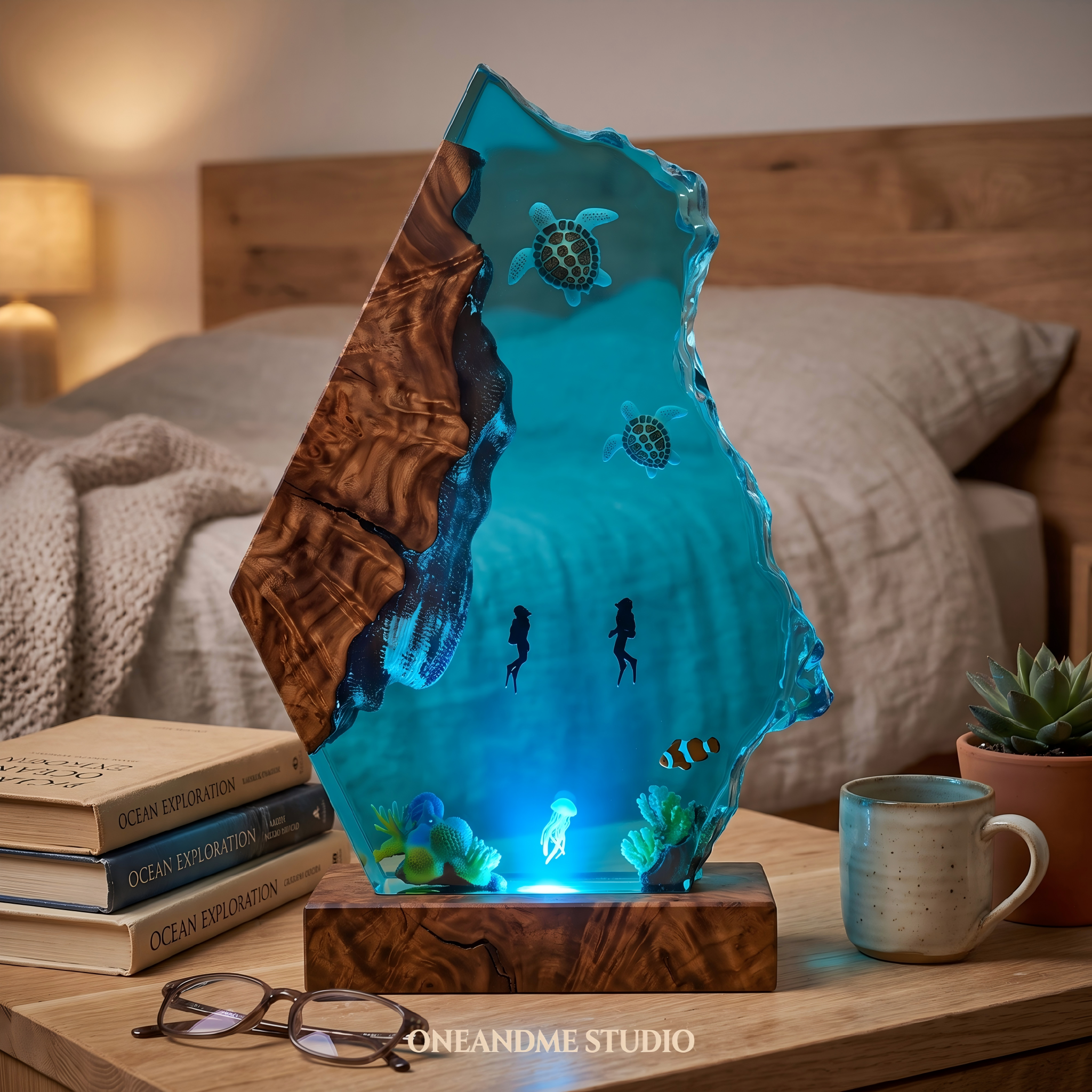 Sea Turtle & Scuba Diver Ocean Cave Resin Lamp