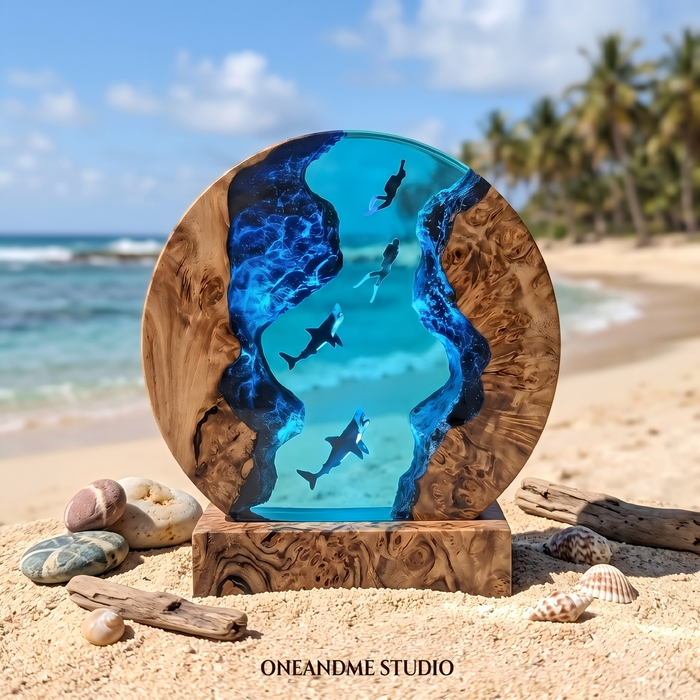 Round Shark & Scuba Diver Ocean Trench Resin Lamp