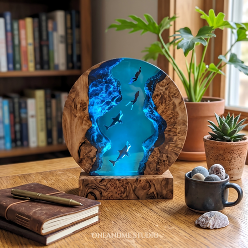 Round Shark & Scuba Diver Ocean Trench Resin Lamp