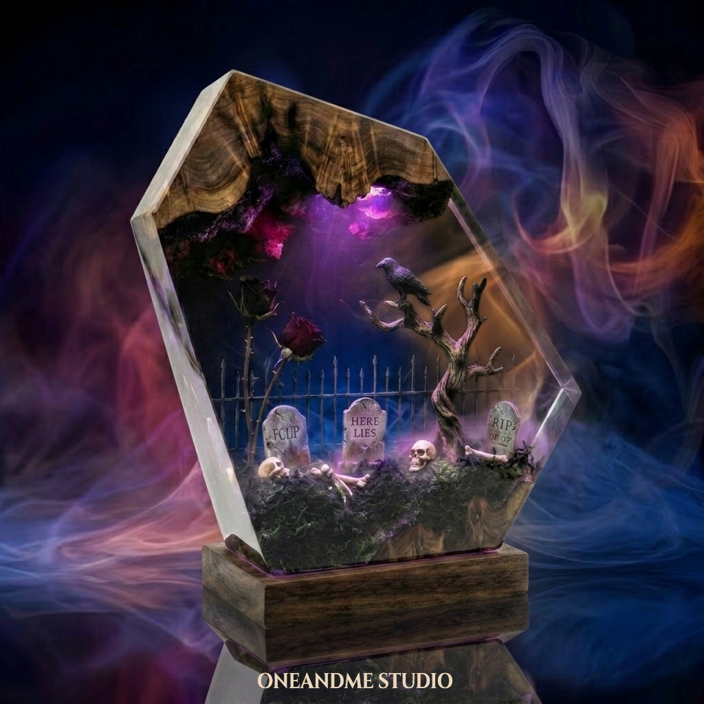 The Haunted Cemetery: Gothic Raven & Graveyard Resin Wood Light