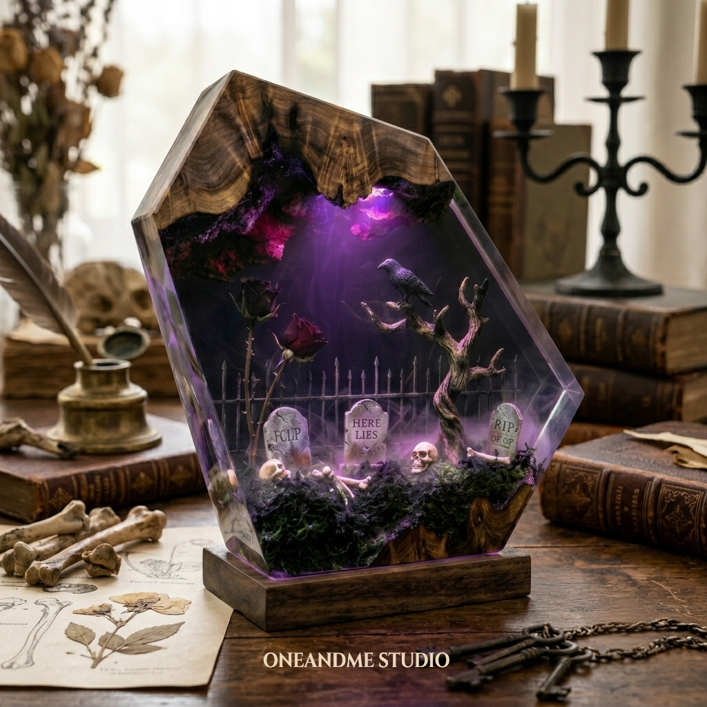 The Haunted Cemetery: Gothic Raven & Graveyard Resin Wood Light