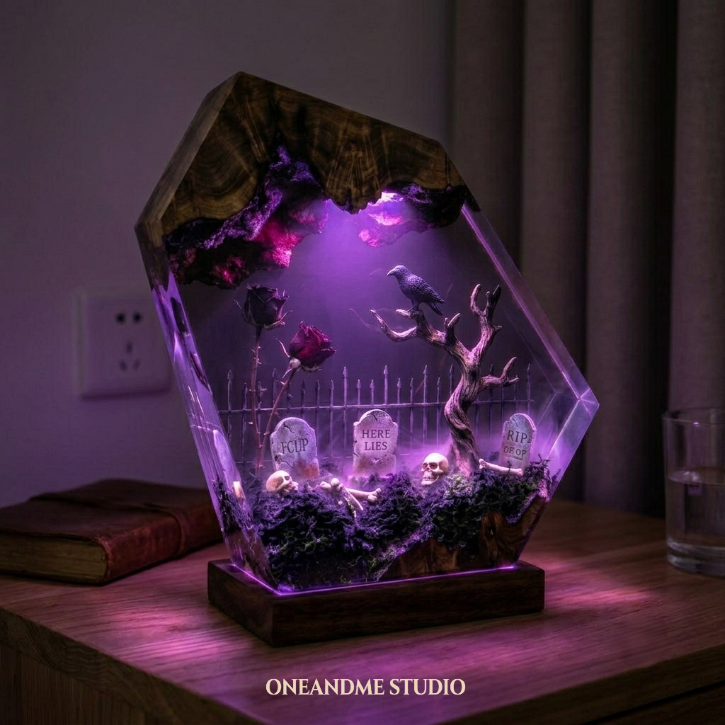 The Haunted Cemetery: Gothic Raven & Graveyard Resin Wood Light