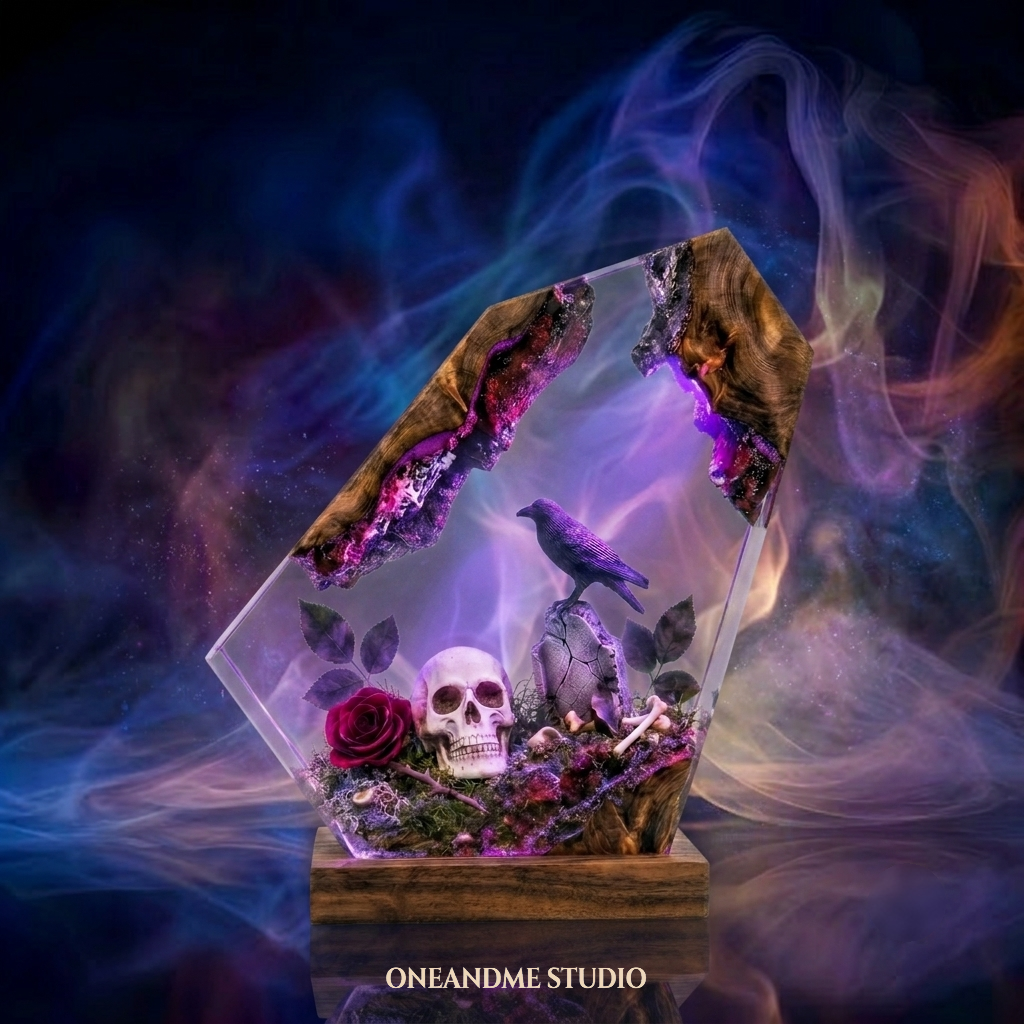 Gothic Raven & Skull Epoxy Resin Lamp