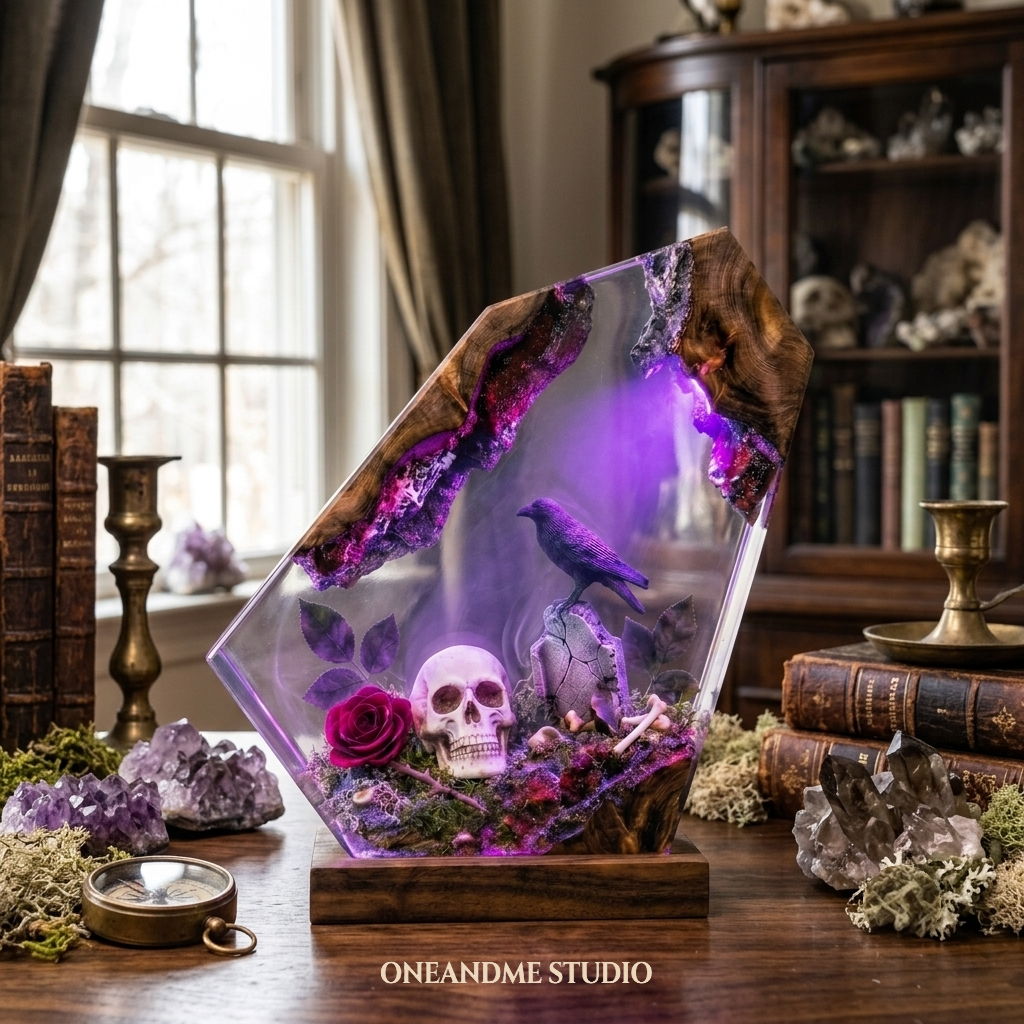 Gothic Raven & Skull Epoxy Resin Lamp