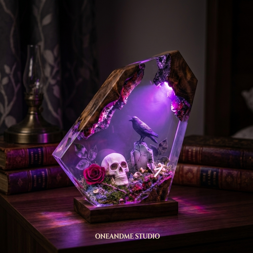 Gothic Raven & Skull Epoxy Resin Lamp