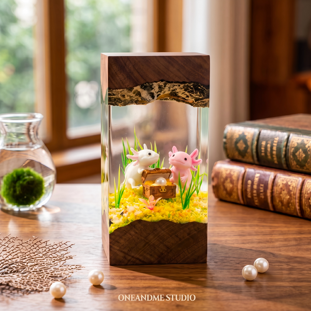 Cute Axolotl Treasure Chest Underwater Resin Lamp