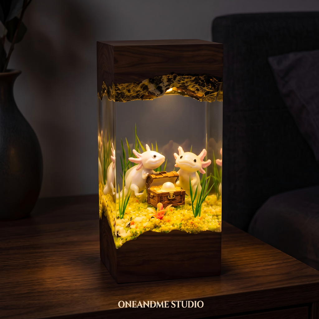 Cute Axolotl Treasure Chest Underwater Resin Lamp