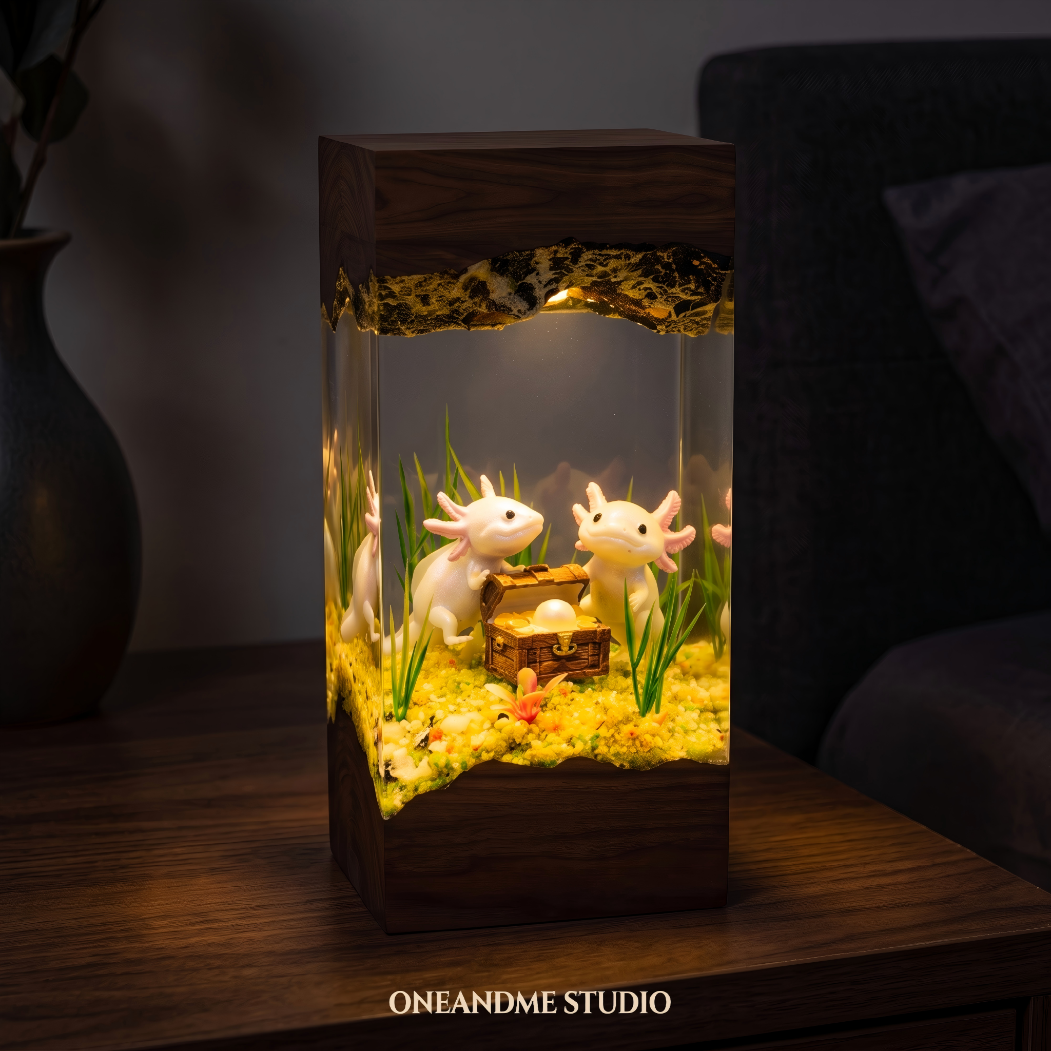 Cute Axolotl Treasure Chest Underwater Resin Lamp