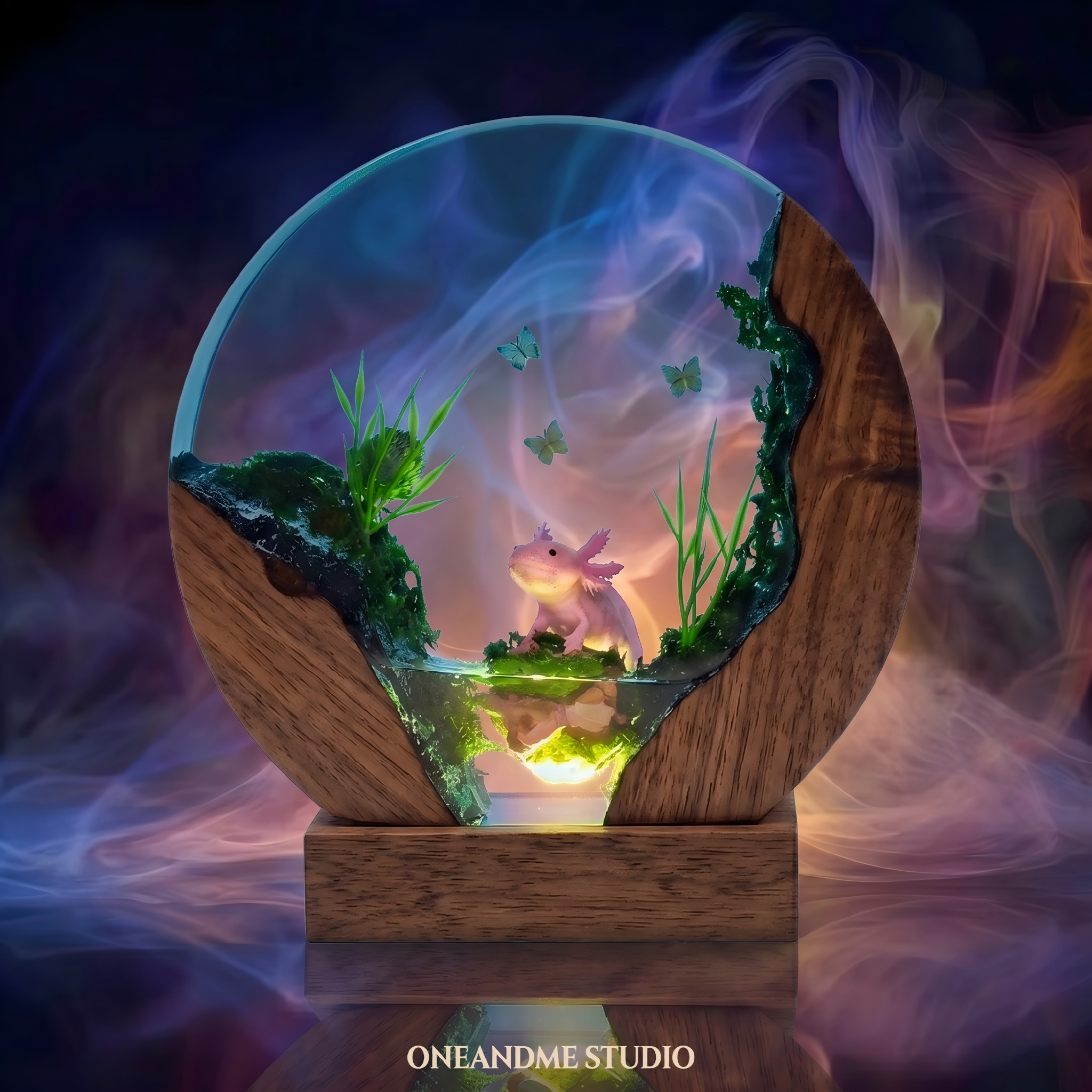 Round Axolotl & Butterfly Underwater Cave Resin Lamp