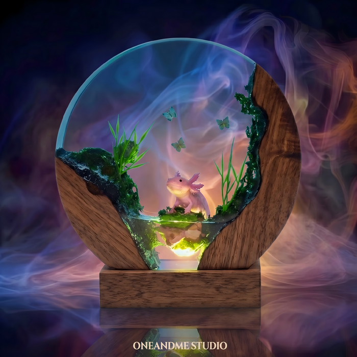 Round Axolotl & Butterfly Underwater Cave Resin Lamp
