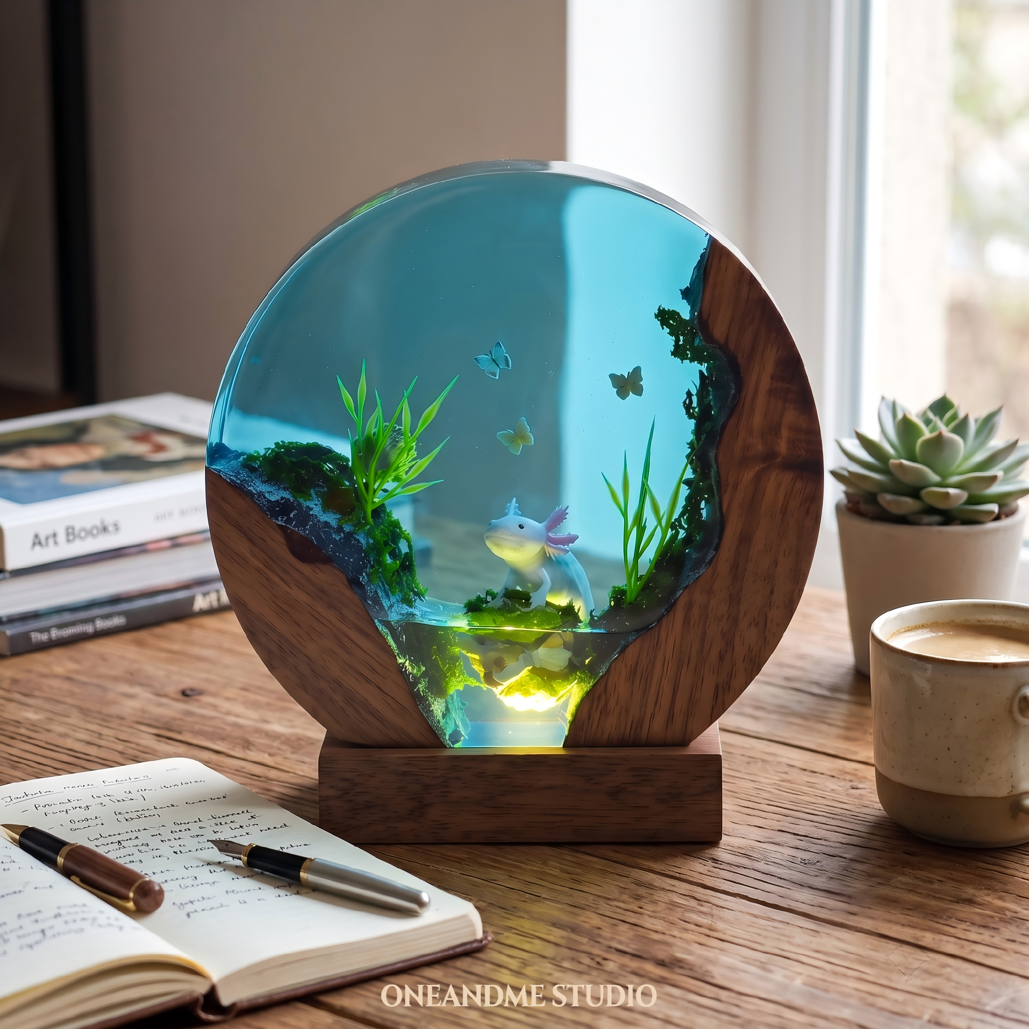 Round Axolotl & Butterfly Underwater Cave Resin Lamp